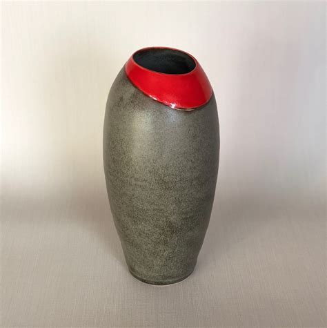 Satin Grey Vase With Gloss Red Accent Etsy Grey Vases Red Accents