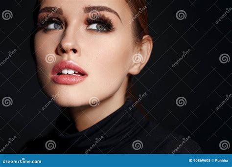 Beauty Woman Face Beautiful Female With Makeup Long Eyelashes Stock