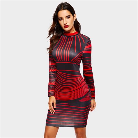 Women Casual Short Dresses Long Sleeve Fashion Red Striped Slim Sexy