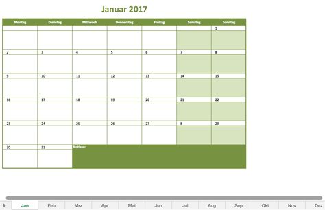 Monatskalender 2017 Als Excelvorlage Excel Vorlagen Für Jeden Zweck