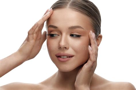 skin care woman with beauty face touching healthy facial skin portrait stock image image of