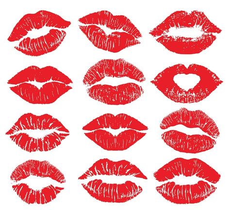 Lippenstift Kus Print Geïsoleerde Grote Set Rode Lippen Ingesteld Verschillende Vormen Van