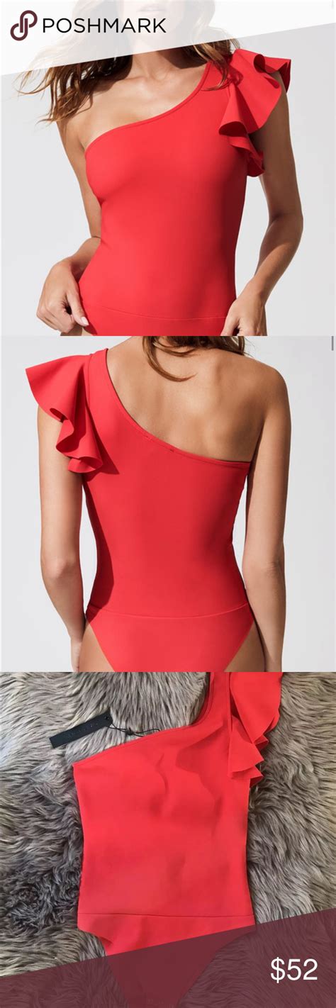 Carbon38 Bodysuit Red Small Ruffle One Shoulder Carbon 38 Womens Red