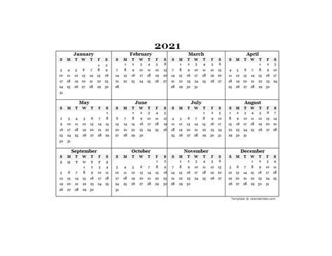 2021 Blank Yearly Calendar Template Free Printable Templates