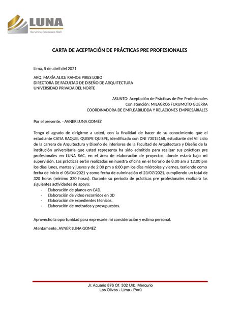 Modelo De Prácticas Profesionales Convertido Carta De AceptaciÓn De