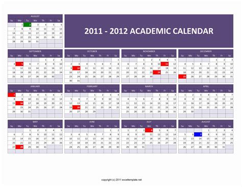 Academic Calendar 20112012 Excel Templates