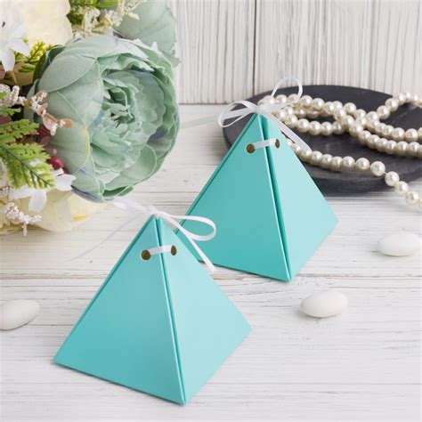 Buy Pack Turquoise Pyramid Party Favor Boxes With Satin Ribbons