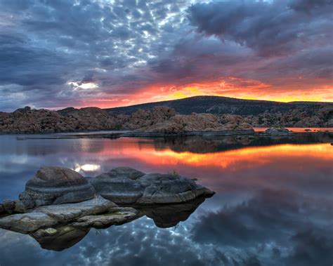 Prescott Arizona Usa Sunrise In Watson Clouds Reflection In Water
