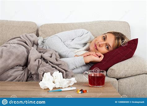 Sick Woman Lying On The Couch Stock Image Image Of Pillow Lying 128806583