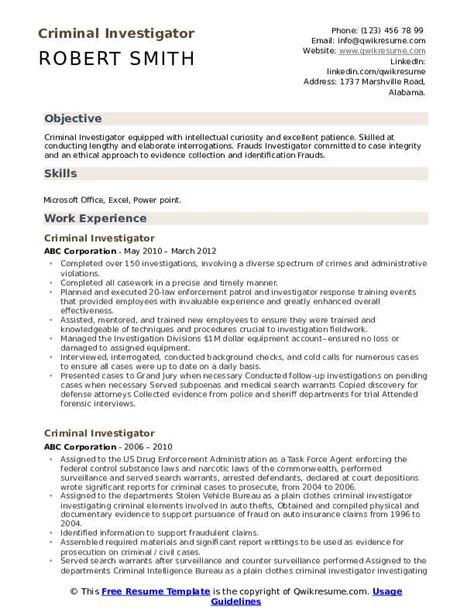 Composing a resume for office and secretary work is simpler than you might imagine. Criminal Investigator Resume Samples | QwikResume