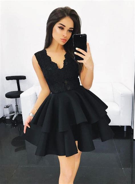 Cute Black Lace A Line Short Prom Dress Black Homecoming