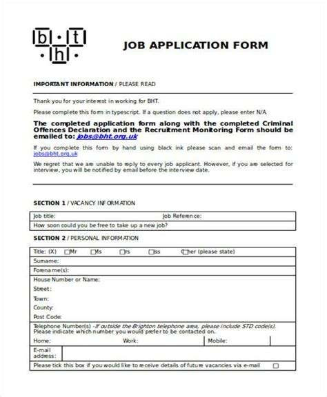 Free 10 Sample Job Application Forms In Pdf Ms Word Excel Gambaran
