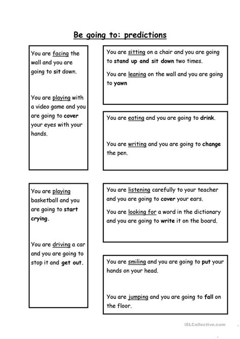 Though will and going to can be used interchangeably in some instances, in most cases they denote different meanings. be going to (predictions) worksheet - Free ESL printable ...