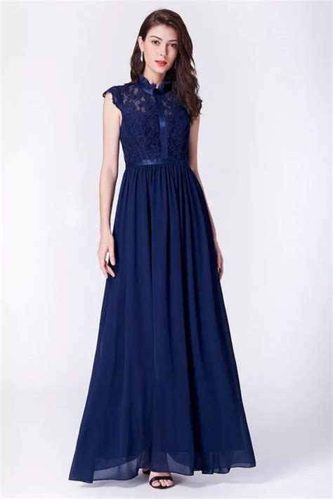 Modest Cap Sleeve Navy Blue Chiffon Long Evening Dress With Lace Top