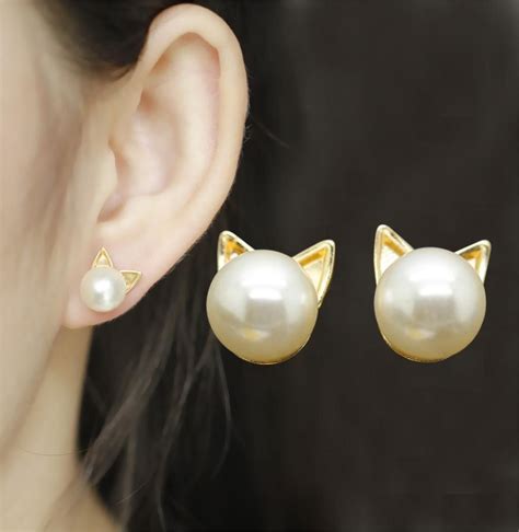 Cat Pearl Earrings Cat Earrings Studs Cat Earrings Womens Earrings