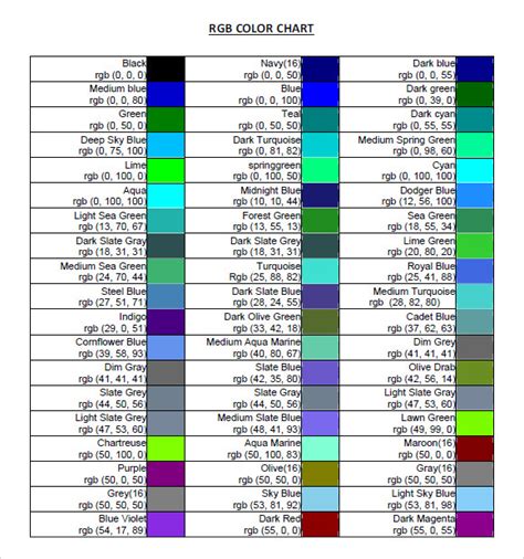 9 Sample Rgb Color Chart Templates Sample Templates