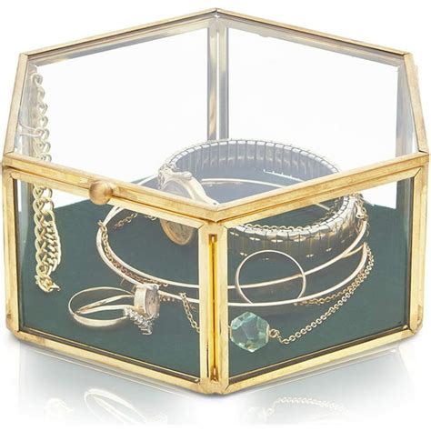 Juvale Golden Vintage Hexagon Velvet Glass Lidded Jewelry Box Display Case Organizer For