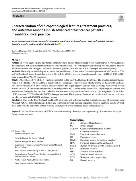 Pdf Characterization Of Clinicopathological Features Treatment