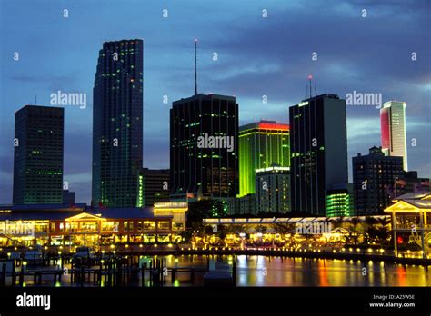 Miami Waterfront Skyline At Dusk Stock Photo Alamy