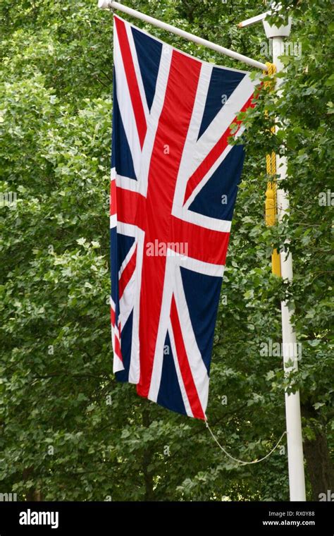 British Union Jack Flag Flying Vertically With Trees In The Background