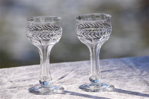 Vintage Etched Hollow Stem Wine Glasses Set Of 4 After Dinner Drinks 4 Oz Unique Hollow