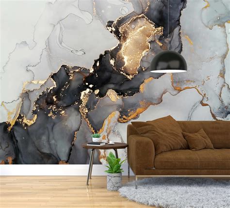 Black And Gold Marble Removable Mural Marble Wall Art Etsy