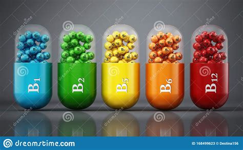 Various Vitamin B Pills Standing On Dark Gray Background 3d