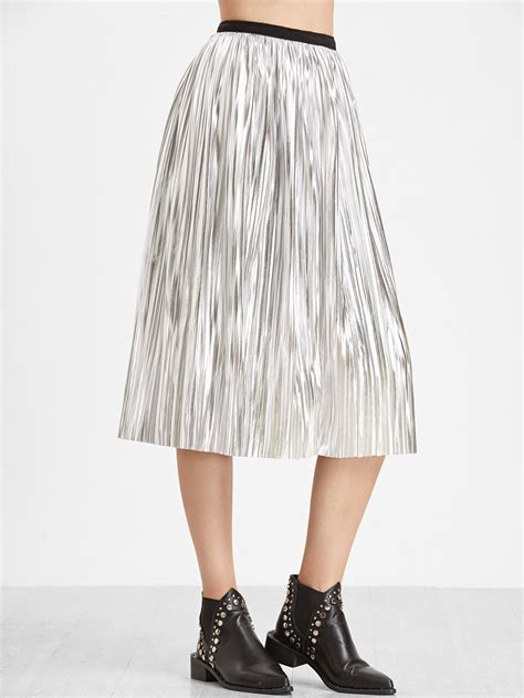 Metallic Silver Contrast Waist Pleated Skirt Sheinsheinside