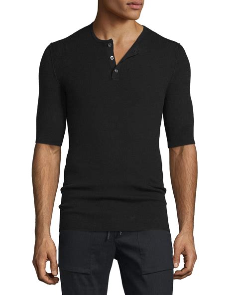 Vince Ribbed Short Sleeve Wool Silk Henley Shirt In Black For Men Lyst
