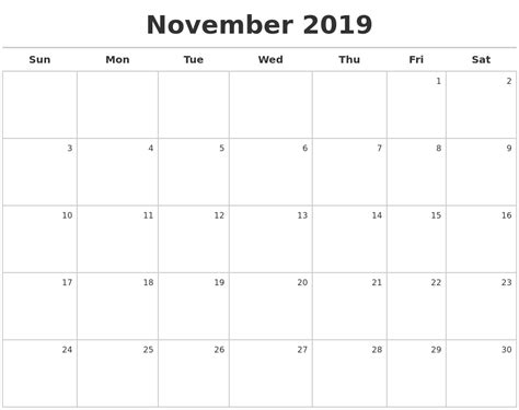 November 2019 Calendar Maker