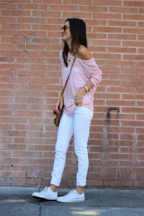 Picture Of White Jeans A Striped Shirt And White Converse