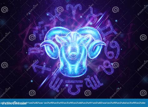 Aries Zodiac Sign Blue Hologram on the Background of the Zodiac Signs
