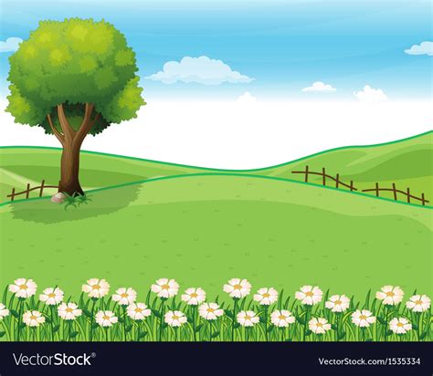 A Hilltop With A Garden And A Giant Tree Vector Image