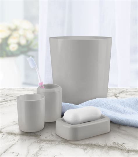 The set includes a tumbler, soap dish, toothbrush holder and lotion. 4-Piece Bathroom Accessory Set - Gray - Home - Bed & Bath ...