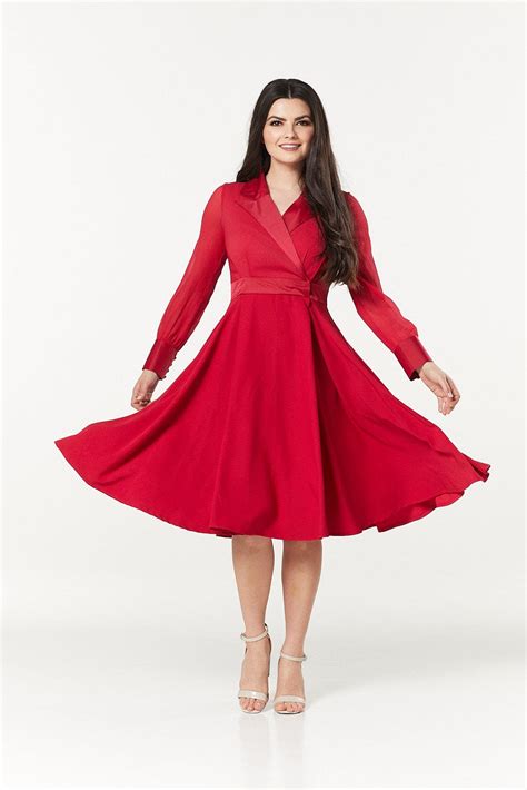 Polly Midi A Line Long Chiffon Sleeves Red Dress Timeless London