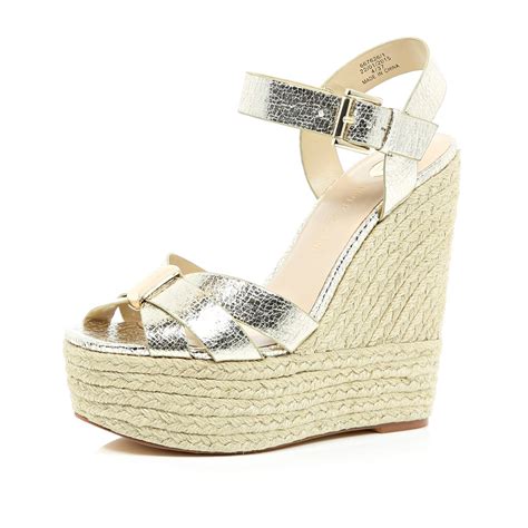 River Island Gold Metallic High Wedges in Yellow | Lyst