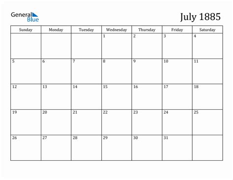 July 1885 Calendars Pdf Word Excel