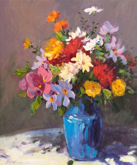 Blue Vase Of Spring Flowers Painting Flower Painting Canvas Flower