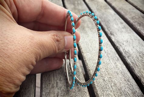 Large Diameter Zuni Silver Turquoise Hoop Earrings Native