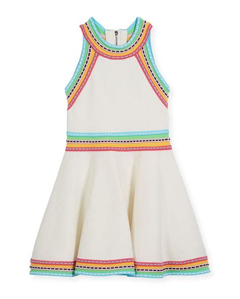Milly Minis Sleeveless Knit Flare Dress W Woven Trim In White