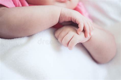 Newborn Baby Girl Hands Holding While She Sleeping Stock Photo Image