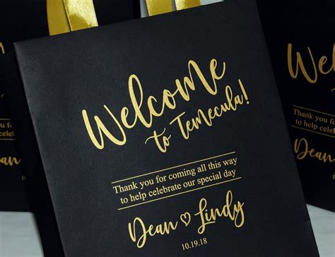 25 Black And Gold Wedding Welcome Bags With Satin Ribbon Handles Etsy