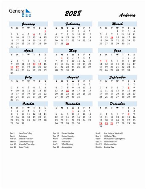 2028 Yearly Calendar For Andorra With Holidays