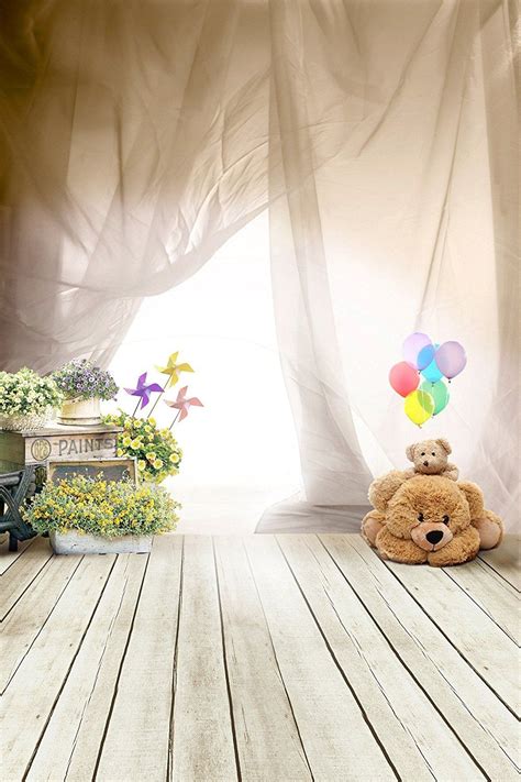 5x7 Ft Cute Children Photography Backdrop Bear On Grey Wood Floor And