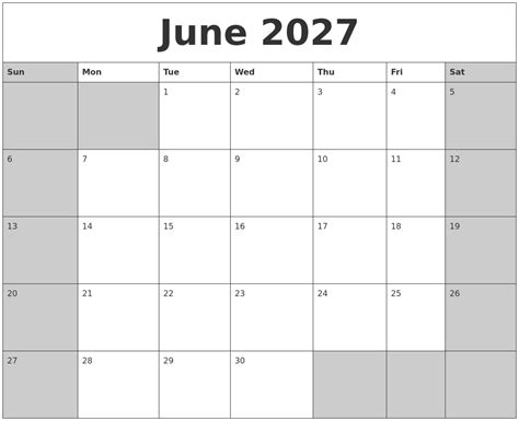June 2027 Calanders