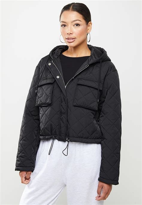 Hooded Cropped Quilted Jacket Black Missguided Jackets