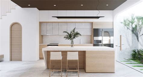 A Modern Kitchen With An Island Counter And Bar Stools In The Center