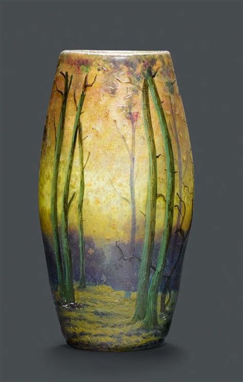 Muller Fres Luneville A Vase C 1900 Yellow Glass Acid Etched And Enamelled Cylindrical