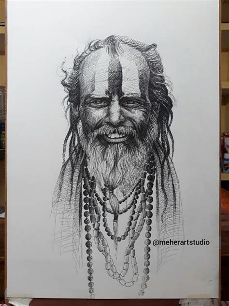 A Drawing Of A Mans Face With Long Hair And Beads Around His Neck