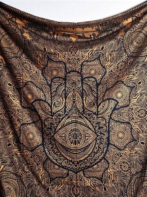 Hamsa Hand Tapestry Black Gold Throw Indian Hippie Tapestry Etsy